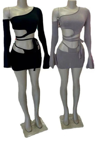 Khaki Sexy Solid Hollowed Out Oblique Collar Long Sleeve Two Pieces