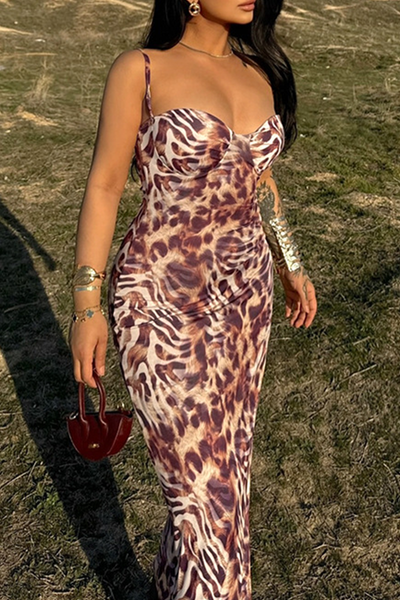 Elegant Leopard Print Patchwork Spaghetti Strap Long Dresses