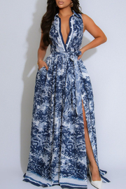 Real Rich Elegant Print Buckle Turndown Collar Long Dresses