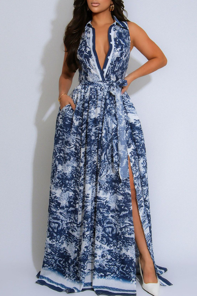 Real Rich Elegant Print Buckle Turndown Collar Long Dresses
