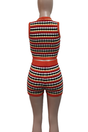 Orange Red Casual Stripe Buckle O Neck Sleeveless Two Pieces