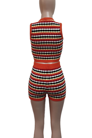 Orange Red Casual Stripe Buckle O Neck Sleeveless Two Pieces