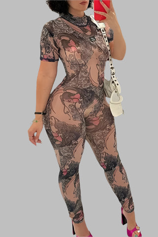 Purple Sexy Casual Print See-through Backless Half A Turtleneck Skinny Jumpsuits
