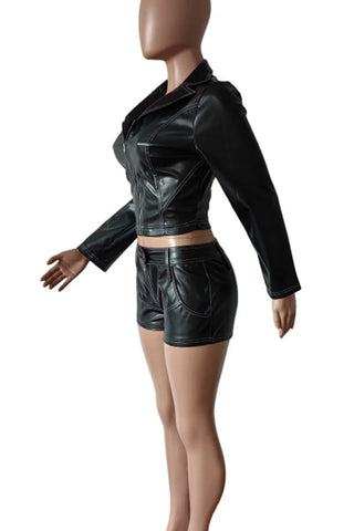 Black Casual Solid Color Buttons Patchwork Zipper Zipper Collar Long Sleeve Two Pieces