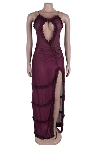 Elegant Print Hollowed Out Patchwork See-through High Opening Mesh Spaghetti Strap Sling Dresses