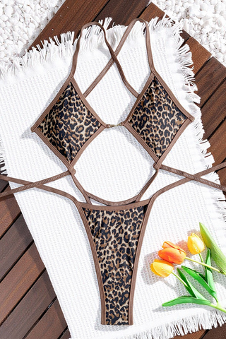 Sexy Leopard Print Hollow Out Strap Design Swimwears Open Stomach