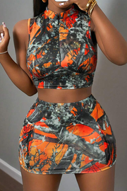 Camo Queen Orange Sexy Zip Up Collar Sleeveless Two Piece