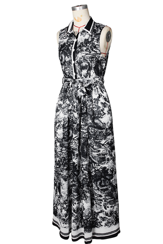 Real Rich Elegant Print Buckle Turndown Collar Long Dresses