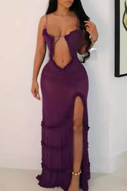 Elegant Print Hollowed Out Patchwork See-through High Opening Mesh Spaghetti Strap Sling Dresses