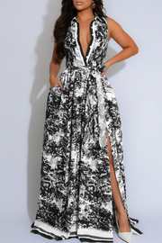 Real Rich Elegant Print Buckle Turndown Collar Long Dresses