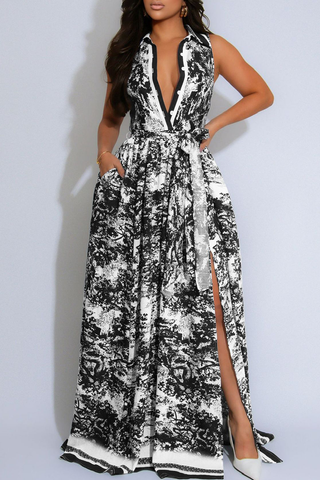 Real Rich Elegant Print Buckle Turndown Collar Long Dresses
