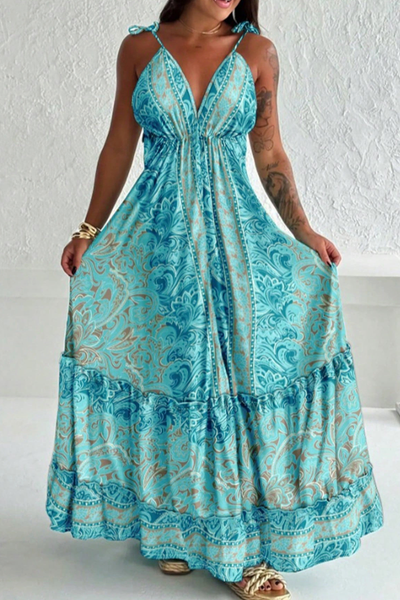 Plus Size Summer Days Blue Spaghetti Strap Long Dresses