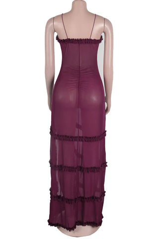 Elegant Print Hollowed Out Patchwork See-through High Opening Mesh Spaghetti Strap Sling Dresses