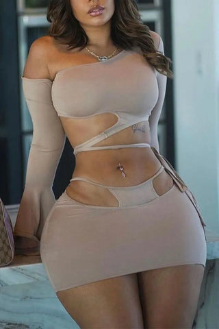 Khaki Sexy Solid Hollowed Out Oblique Collar Long Sleeve Two Pieces