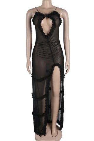 Elegant Print Hollowed Out Patchwork See-through High Opening Mesh Spaghetti Strap Sling Dresses