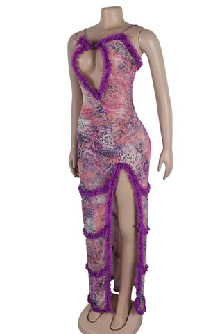 Elegant Print Hollowed Out Patchwork See-through High Opening Mesh Spaghetti Strap Sling Dresses