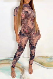 Purple Sexy Casual Print See-through Backless Half A Turtleneck Skinny Jumpsuits