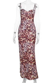 Elegant Leopard Print Patchwork Spaghetti Strap Long Dresses