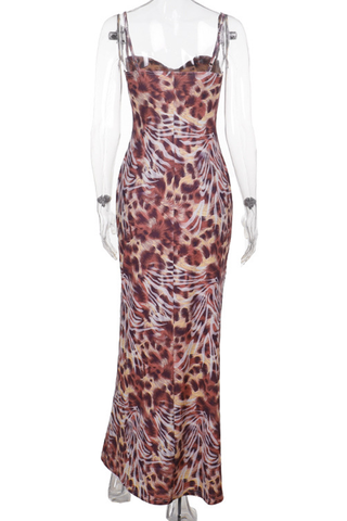 Elegant Leopard Print Patchwork Spaghetti Strap Long Dresses