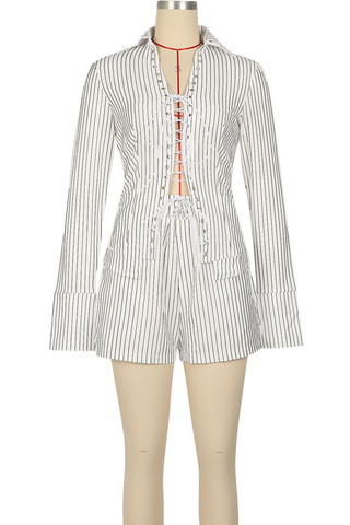 Sexy Stripe Cross Straps Turndown Collar Long Sleeve Two Pieces