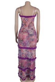 Elegant Print Hollowed Out Patchwork See-through High Opening Mesh Spaghetti Strap Sling Dresses