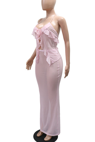 Pink Sexy Solid Color See-Through Flounce Halter Sleeveless Two Pieces
