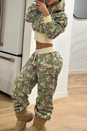Calm Days Casual Camouflage Print Draw String Zipper Hooded Long Sleeve Two Pieces