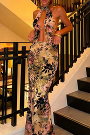 Asain Persuasion Green Sexy Print Sleeveless Two Piece