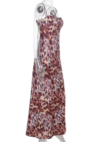 Elegant Leopard Print Patchwork Spaghetti Strap Long Dresses