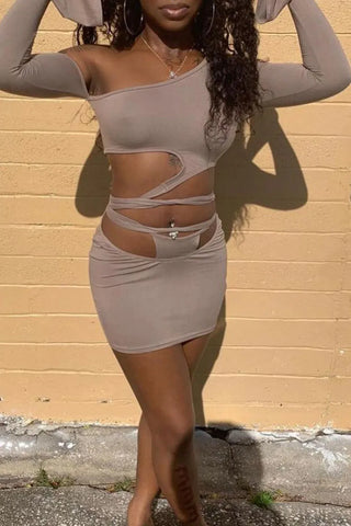 Khaki Sexy Solid Hollowed Out Oblique Collar Long Sleeve Two Pieces
