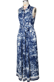 Real Rich Elegant Print Buckle Turndown Collar Long Dresses
