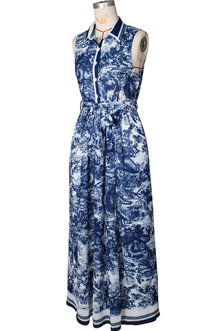 Real Rich Elegant Print Buckle Turndown Collar Long Dresses