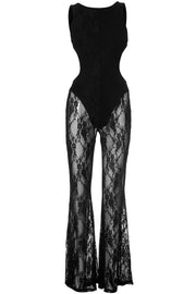 Black Sexy Solid Color Lace Hollow Out Patchwork See-Through O Neck Regular Jumpsuits