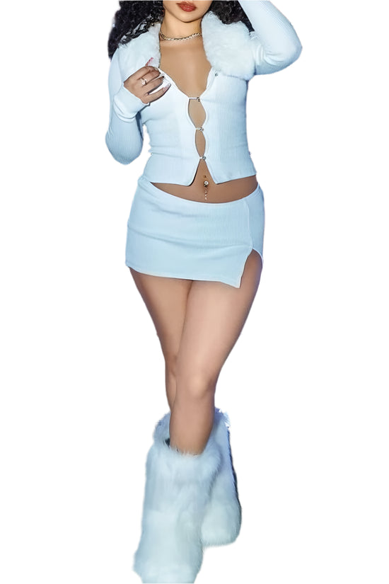 Long Sleeve Slit Turndown Collar Three Piece Set