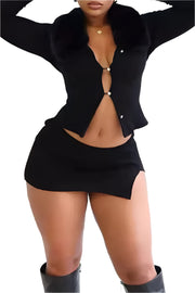 Long Sleeve Slit Turndown Collar Three Piece Set