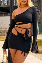 Khaki Sexy Solid Hollowed Out Oblique Collar Long Sleeve Two Pieces