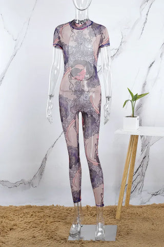 Purple Sexy Casual Print See-through Backless Half A Turtleneck Skinny Jumpsuits