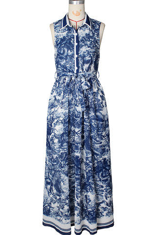 Real Rich Elegant Print Buckle Turndown Collar Long Dresses