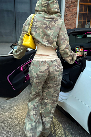 Calm Days Casual Camouflage Print Draw String Zipper Hooded Long Sleeve Two Pieces