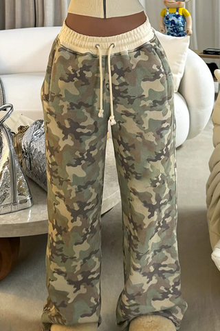 Calm Days Casual Camouflage Print Draw String Zipper Hooded Long Sleeve Two Pieces