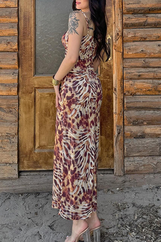Elegant Leopard Print Patchwork Spaghetti Strap Long Dresses