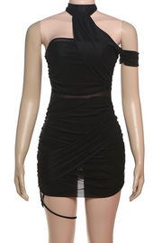 Black Sexy Solid Color Ruched Asymmetrical Collar Wrapped Mesh Dress
