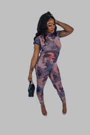 Purple Sexy Casual Print See-through Backless Half A Turtleneck Skinny Jumpsuits