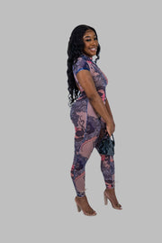 Purple Sexy Casual Print See-through Backless Half A Turtleneck Skinny Jumpsuits