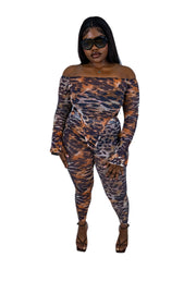 Leopard Print Sexy Hot Leopard Print Backless Off Shoulder Long Sleeve Two Pieces